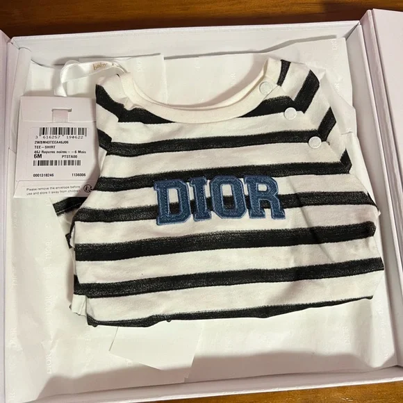 Brand New Dior Baby Long Sleeve T-Shirt Ivory Cotton Jersey with Black Stripes - Picture 1 of 4